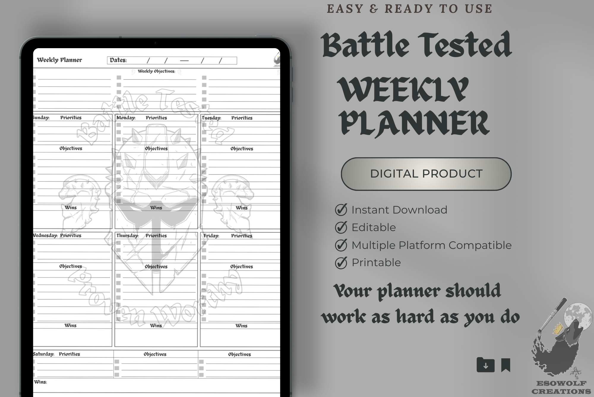 Battle-Tested Weekly Planner | Dark Fantasy Aesthetic, Weekly Priority System